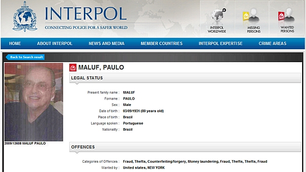 Ficha de Paulo Maluf no site da Interpol