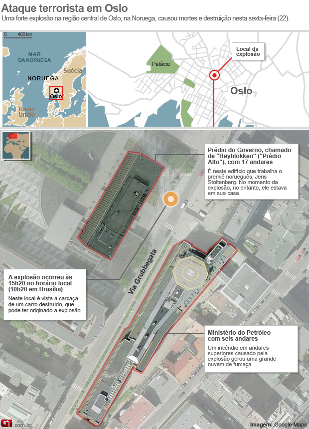 Infográfico arte atentado explosão Noruega Oslo 22.07 (17h40) (Foto: Editoria de Arte/G1)