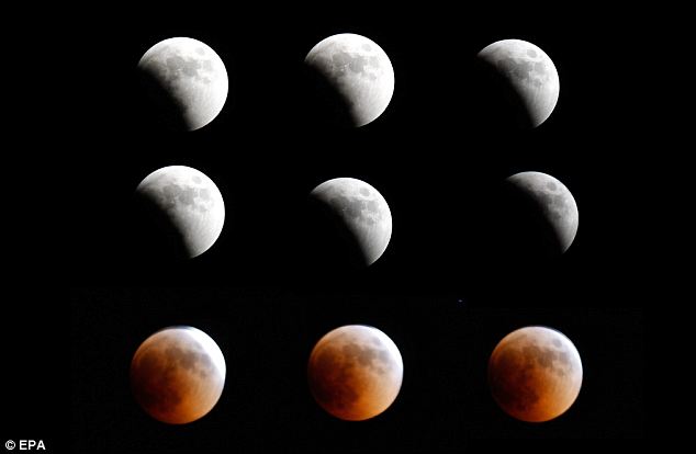 A composite picture showing the total lunar eclipse in the east of Beirut, Lebanon yesterday. People in the eastern half of Africa, the Middle East, central Asia and western Australia were able to enjoy the entire event